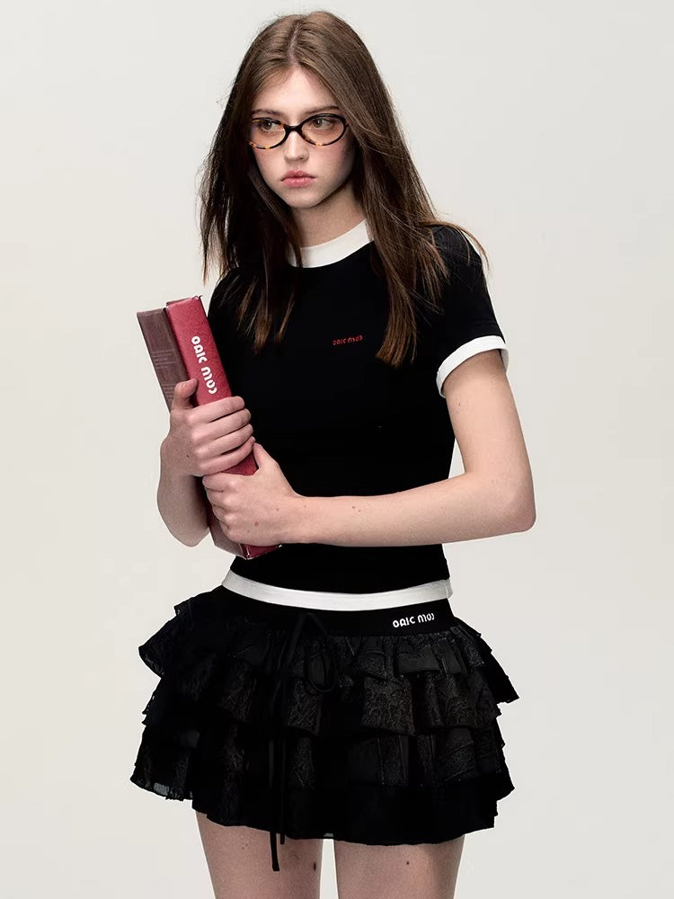 Embroidered Tiered Puff Mini Skirt