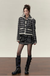 Black Short Plaid Wool Jacket - CHINASQUAD