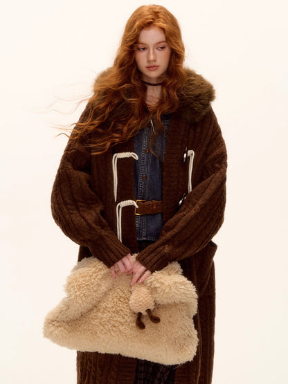 Detachable Fur Collar Cable-Knit Duffle Coat