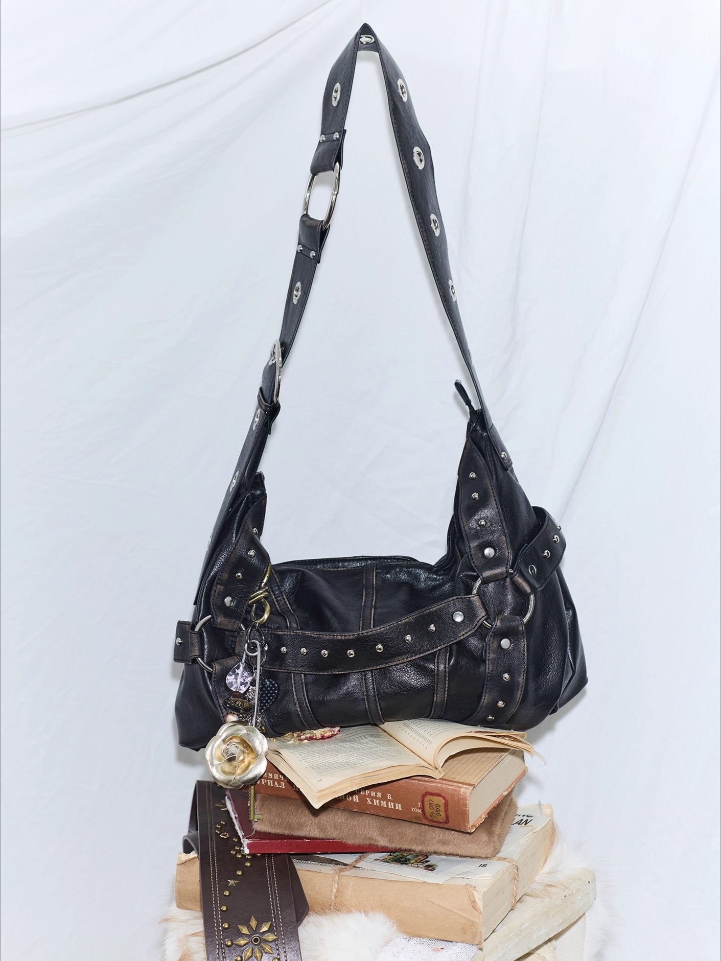 Vintage Studded Wide-Strap Crossbody Bag