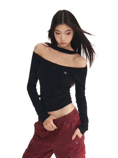 Black Halter Off-shoulder Knit Top