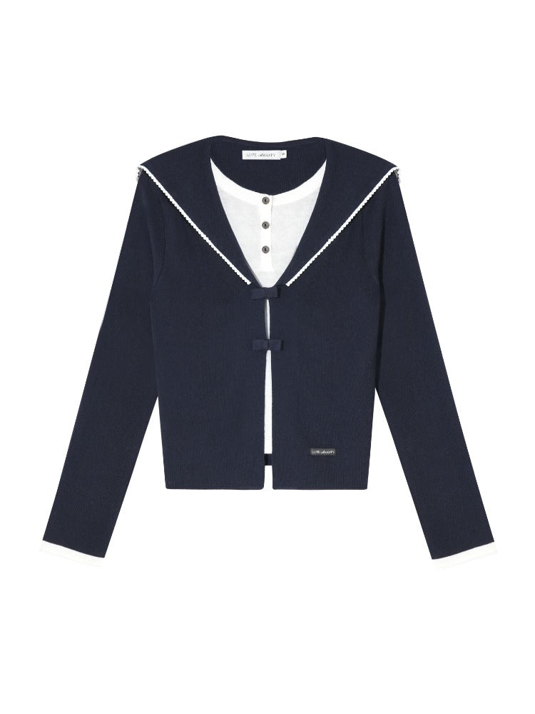 Contrasting Fake Two Piece Woolen Cardigan
