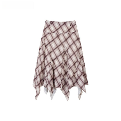 Irregular Hem Plaid Midi Skirt