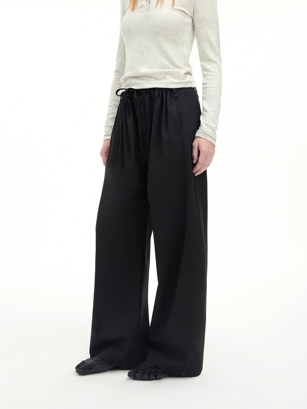 Drawstring Wool-Blend Wide-Leg Pants
