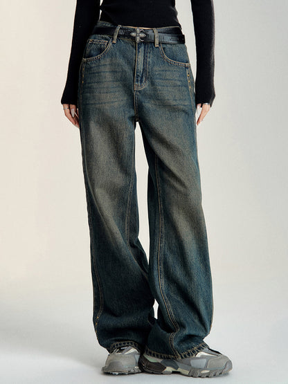 Vintage Blue Wide-leg Distressed Denim Pants