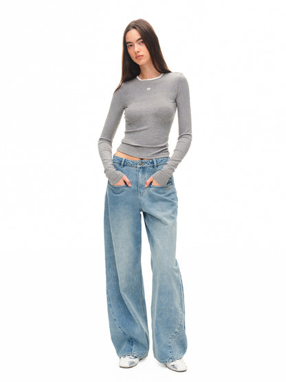 Contrast-trim Regular-shoulder Long-Sleeve T-shirt - CHINASQUAD