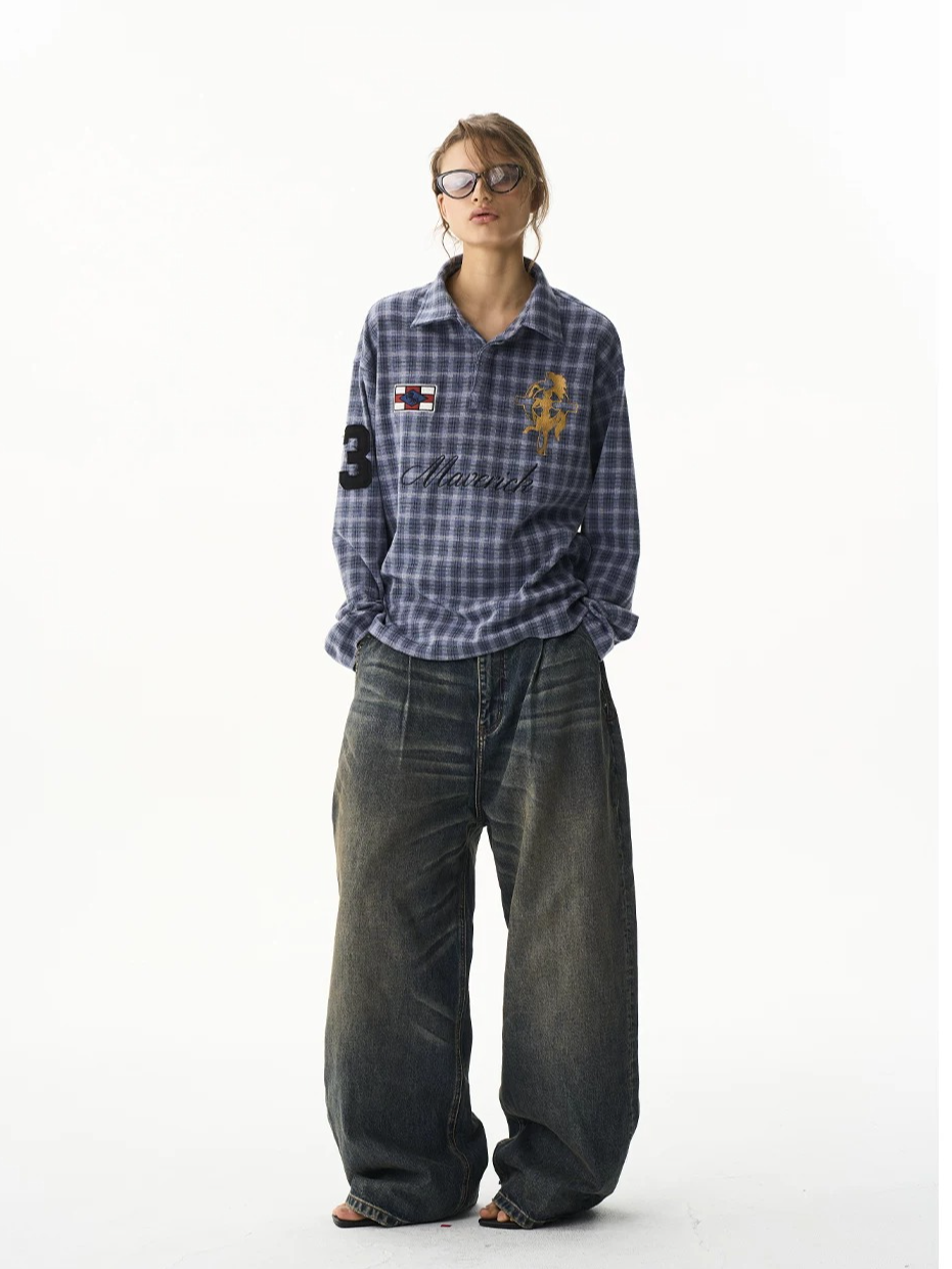 Vintage Plaid Badge Long Sleeve Polo Tee