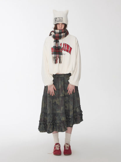 Camouflage Raw-Edge Ruched Layered Skirt