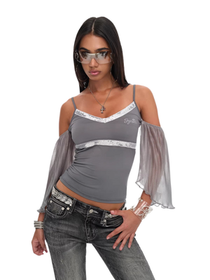 Grey Sequin-Trim V-Neck Pleated Sleeve Camisole