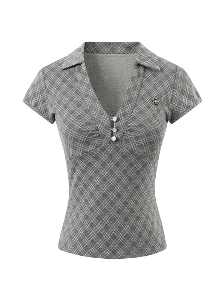 Pleated Checkered Polo V-Neck T-shirt