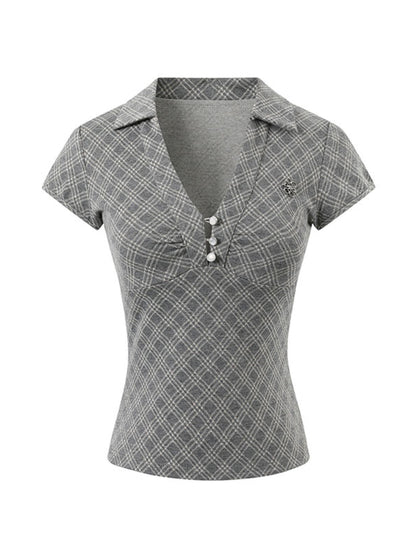 Pleated Checkered Polo V-Neck T-shirt