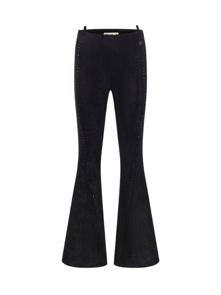 Suede Rhinestone Slim-Fit Flared Pants