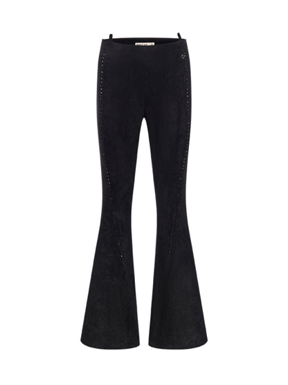 Suede Rhinestone Slim-Fit Flared Pants