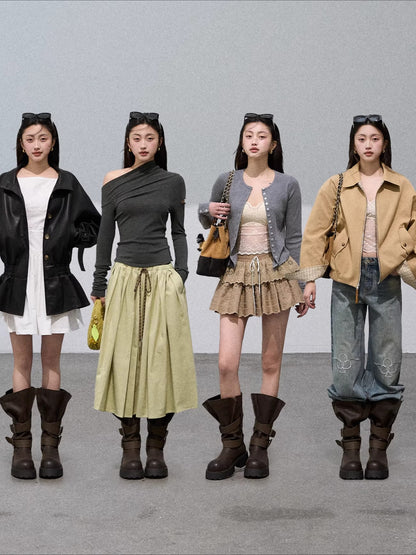 Vintage Petal-Tie Mid-Calf Leather Boots