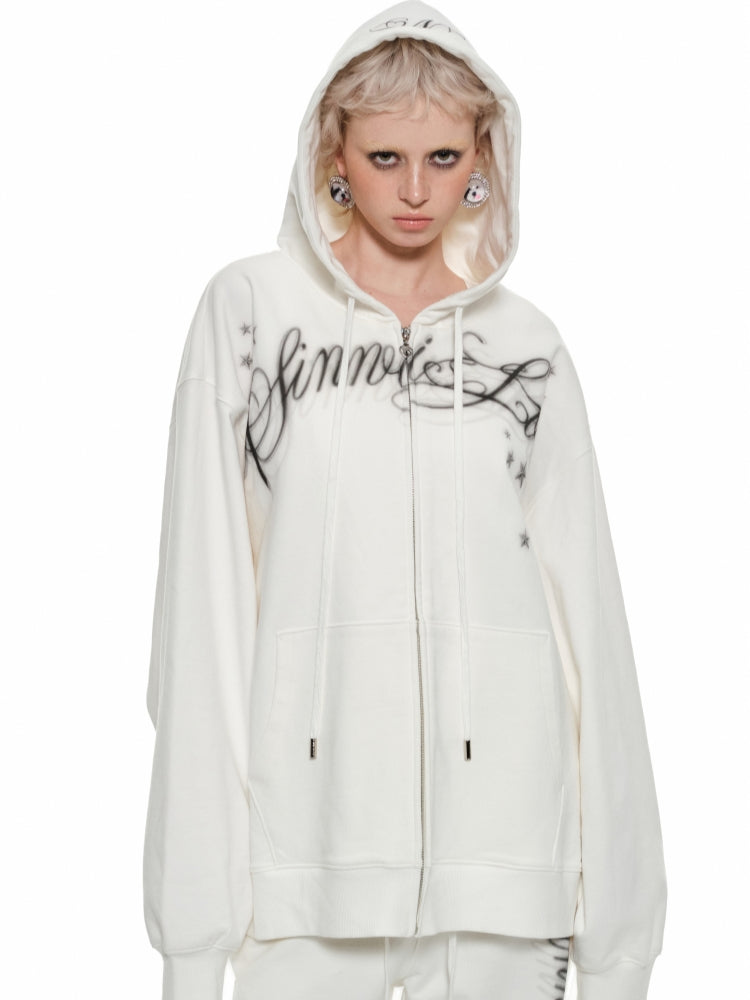 Spray-painted Letter Print Loose Zip-up Hoodie