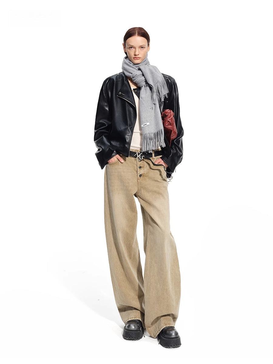 &quot;Dejembe Series&quot;Satin-Finish PU Leather Moto Jacket