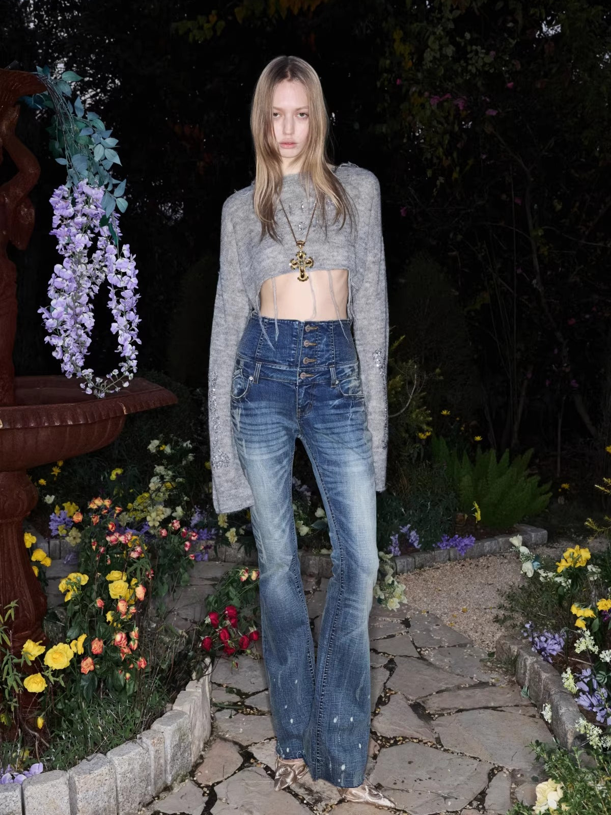 High-Waist Belted Slight-Flare Jeans