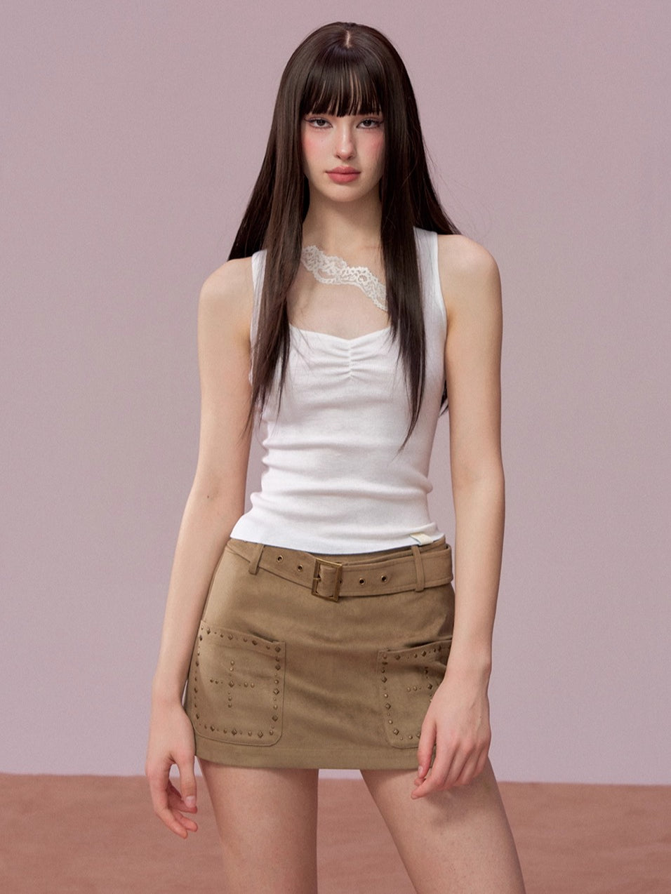 Studded Belted A-Line Mini Skirt