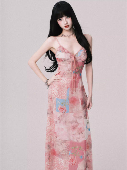 Floral V-Neck Spliced Print Slip Dress