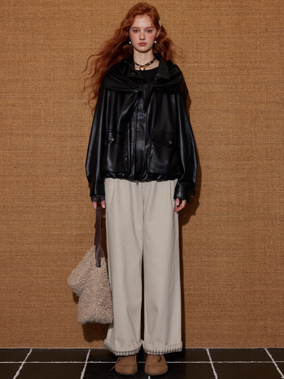 Plaid Cuff Belted High-Waist Wide-Leg Pants