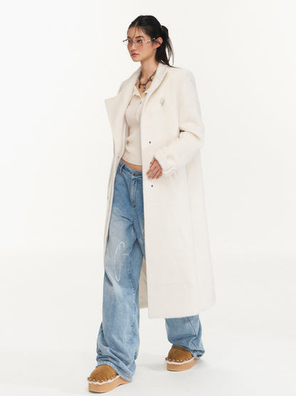 Cream Double-Breasted Leather Strap Wool Coat