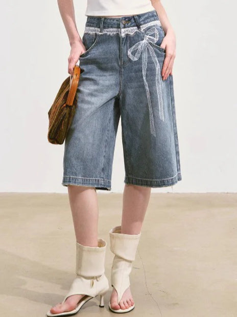 Imitation-Lace Printed High-Waist Denim Mid-Length Pants