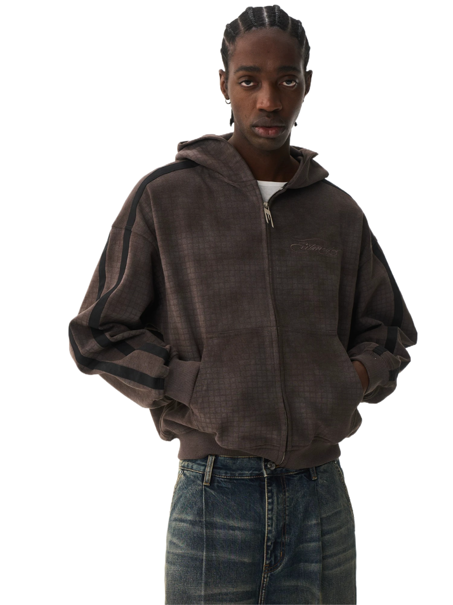 Distressed Vintage Embroidered Plaid Hoodie Jacket