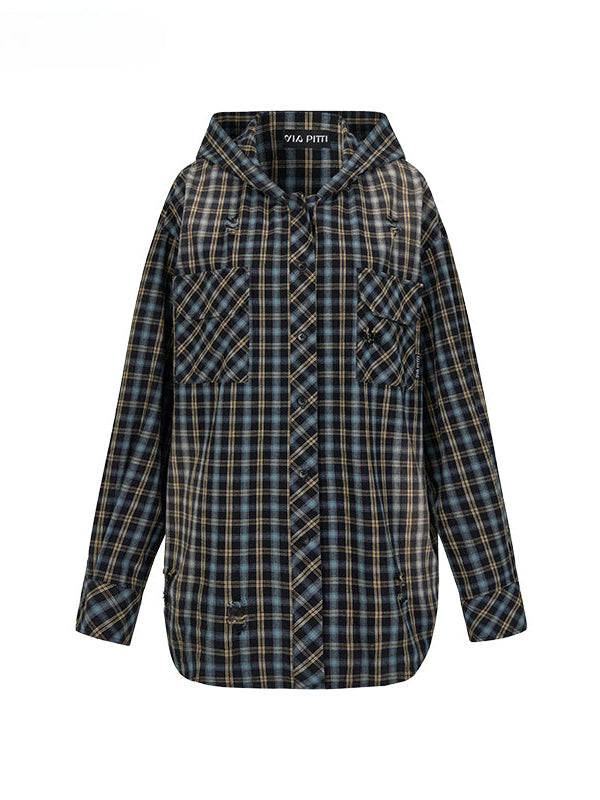 Washed Vintage Plaid Hooded Shirt