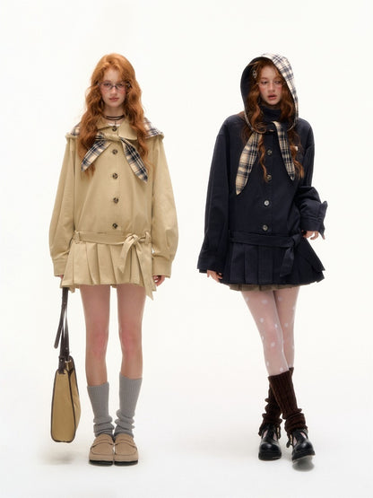 Detachable Bunny-Ear Pleated Trench Coat