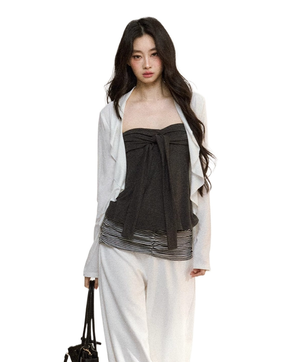 Layered Ruffle-Edge Cardigan &amp; Tube Top Set