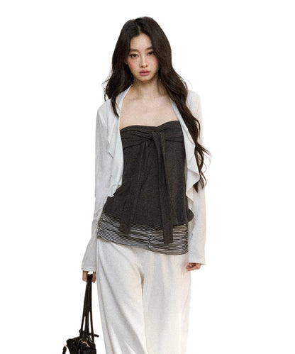 Layered Ruffle-Edge Cardigan &amp; Tube Top Set