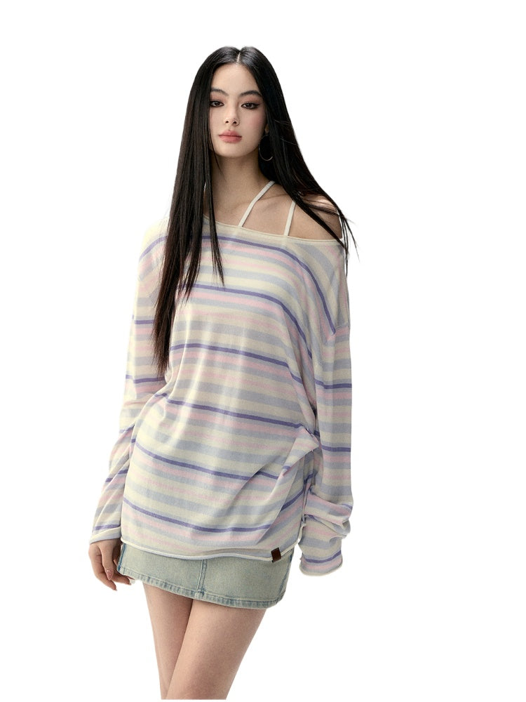 Colorful Striped Woolen Acetate T-shirt