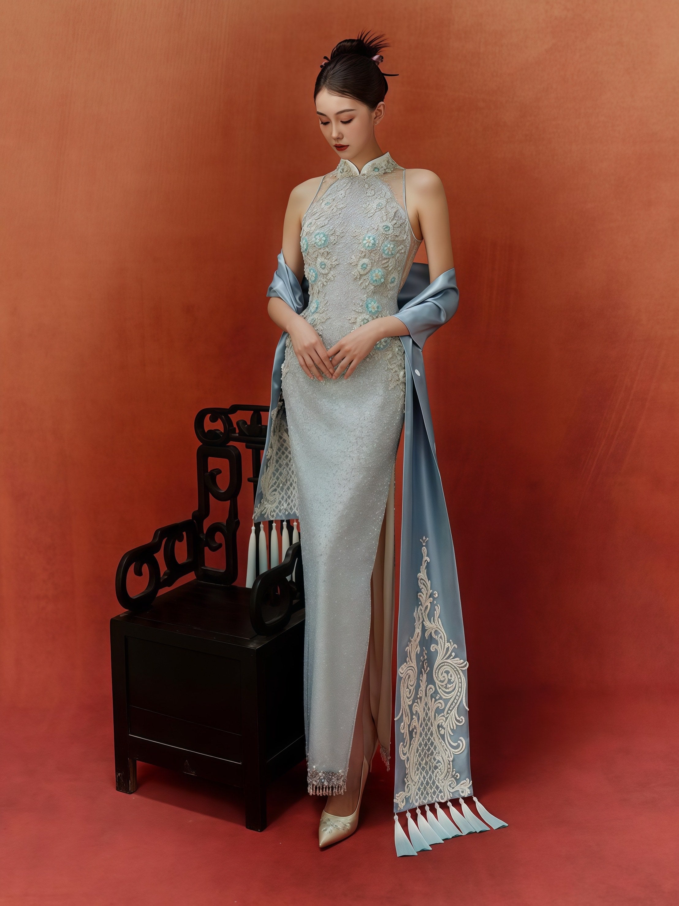 Ice Blue Embellished Halter Cheongsam Gown with Oversized Bow Train