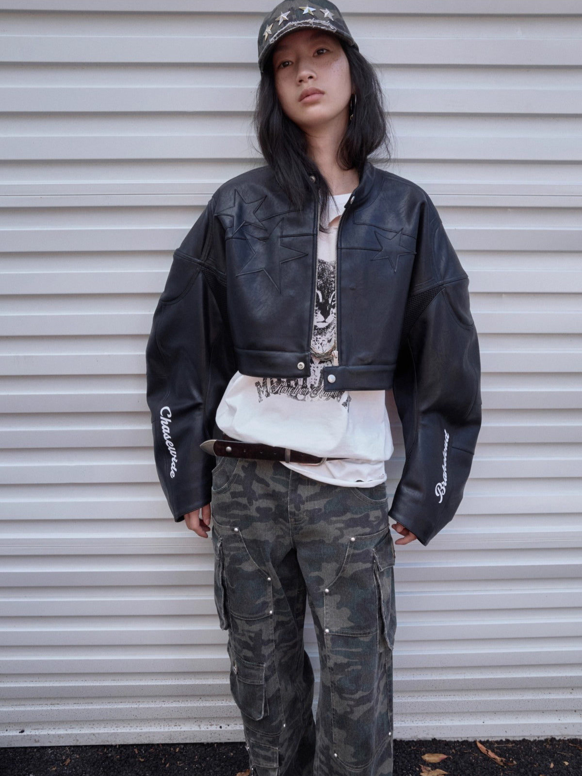 Letter Print Structured Cropped Moto Jacket