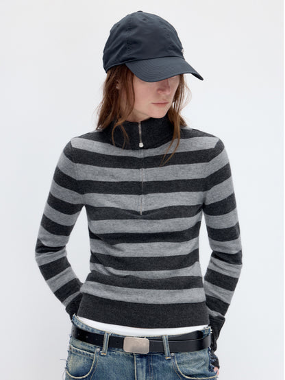 Striped Wool Blend Half-Zip Sweater