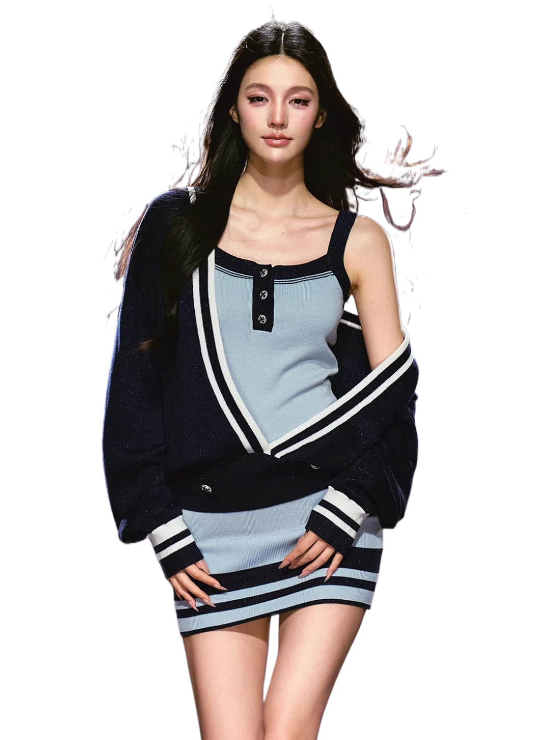 Striped Deep V Knit Dress &amp; Cardigan Set