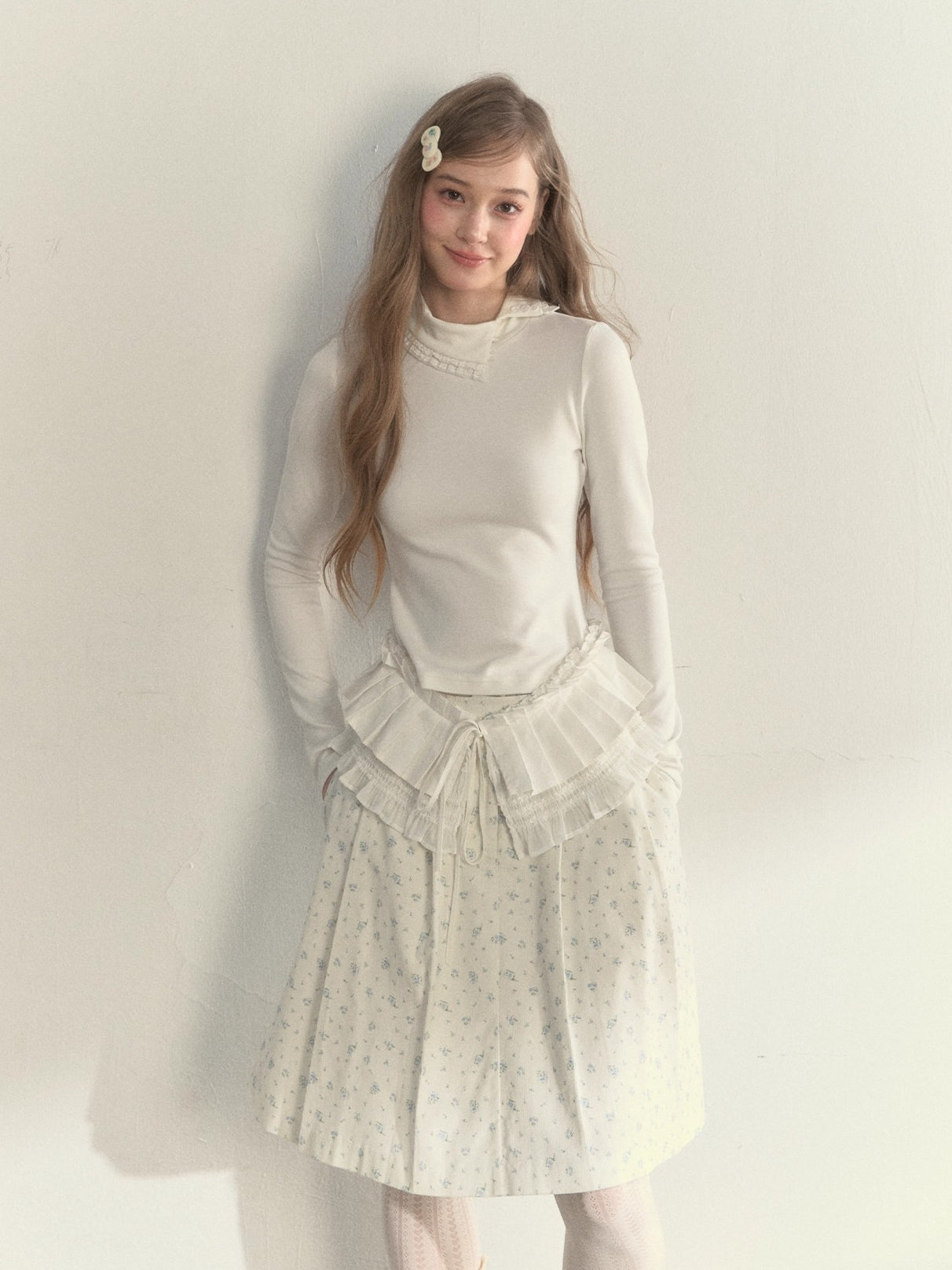 Layered Pleated Mock-Neck Knit T-Shirt
