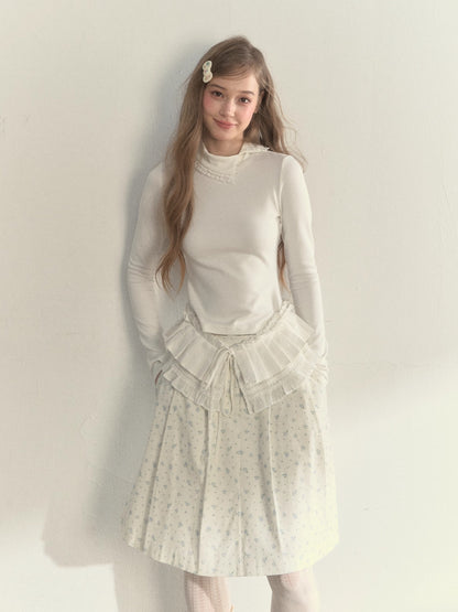 Layered Pleated Mock-Neck Knit T-Shirt