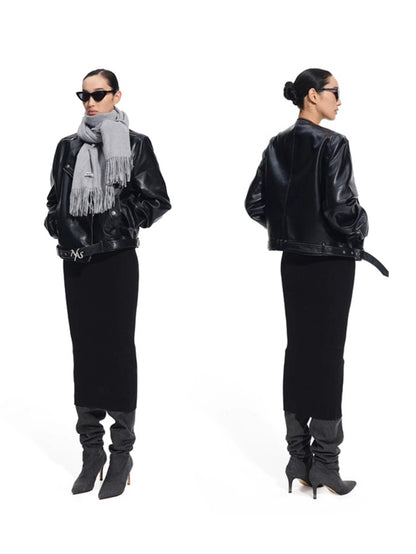 &quot;Dejembe Series&quot;Satin-Finish PU Leather Moto Jacket