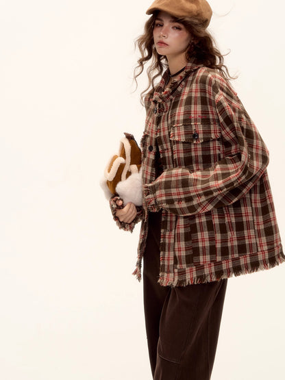 Wool Blend Checkered Contrast Fringe Shirt