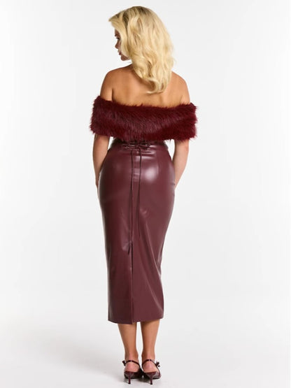 Detachable Fur Collar Off-Shoulder Belted Leather Dress