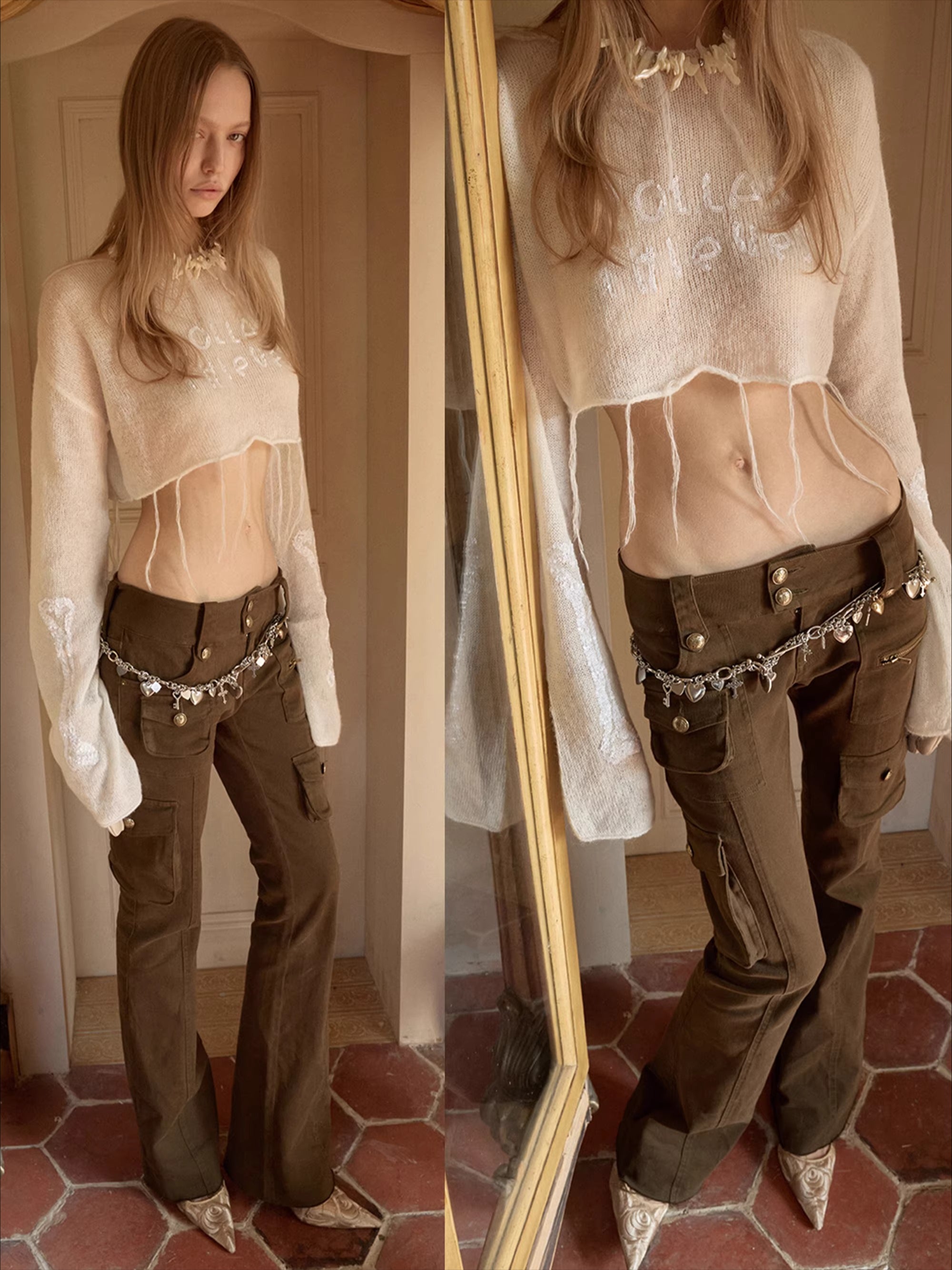 Washed Utility Low-Rise Flared Pants