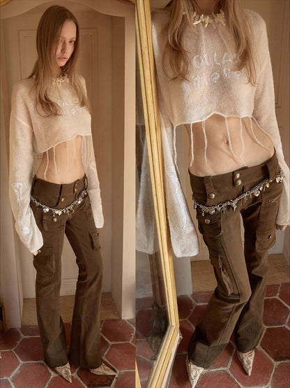 Washed Utility Low-Rise Flared Pants