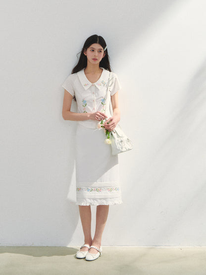 Embroidered Short-sleeve Waist-cinching Shirt &amp; Skirt Set