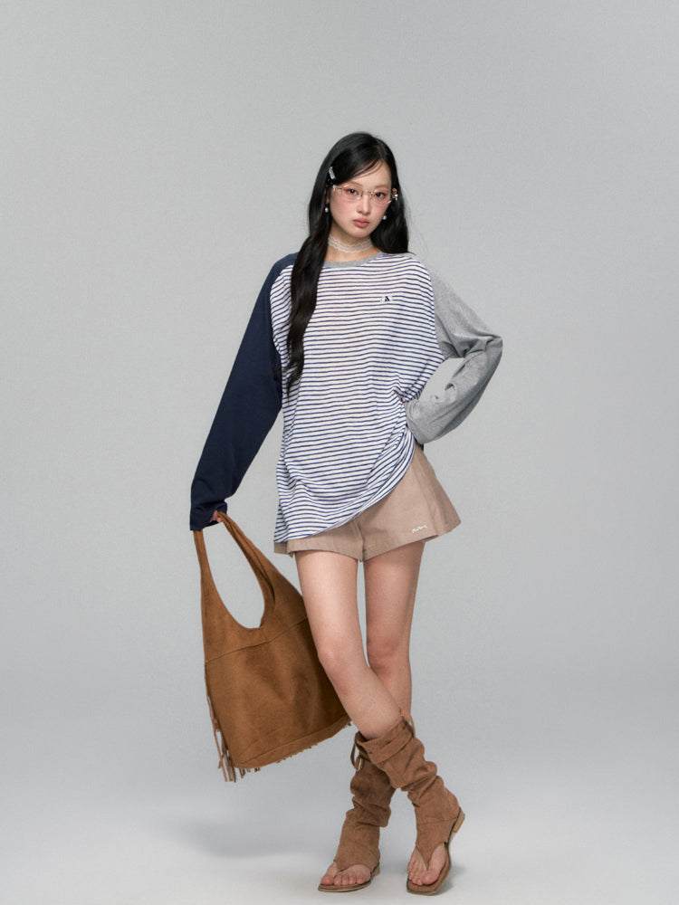 Color-block Striped Round-neck T-shirt