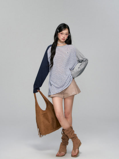 Color-block Striped Round-neck T-shirt