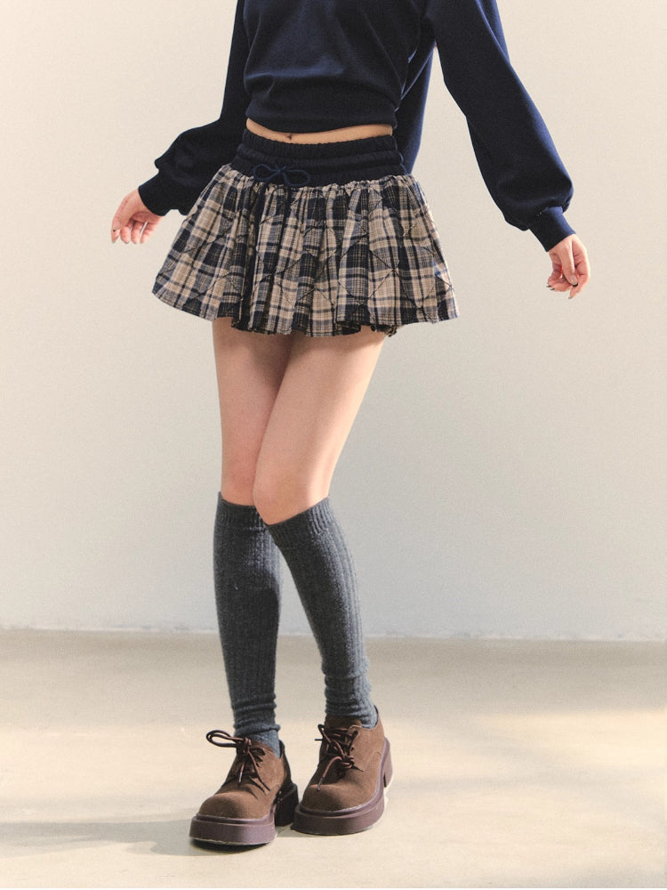 V-neck Ruffle Plaid Spliced Halter Sweatshirt