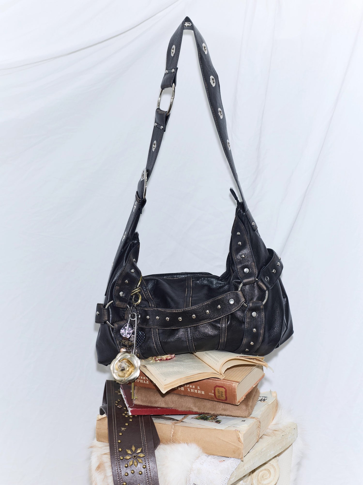 Vintage Studded Wide-Strap Crossbody Bag