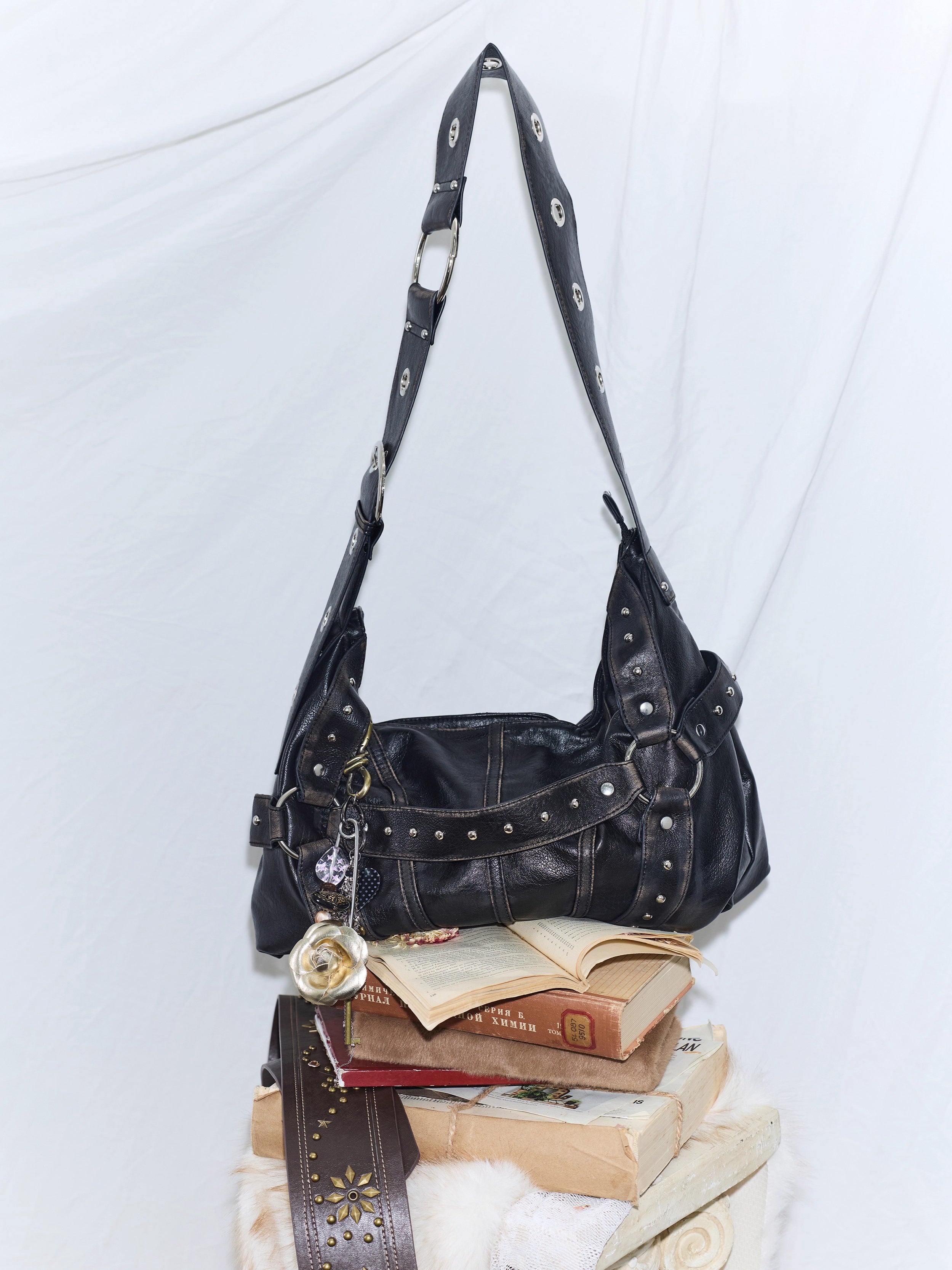 Vintage Studded Wide-Strap Crossbody Bag