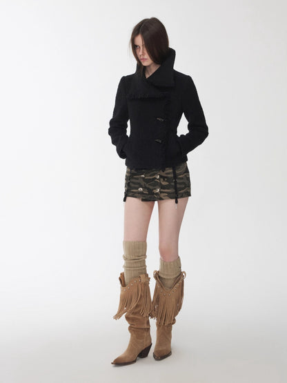 Wool Blend Horn Button High-neck Jacket